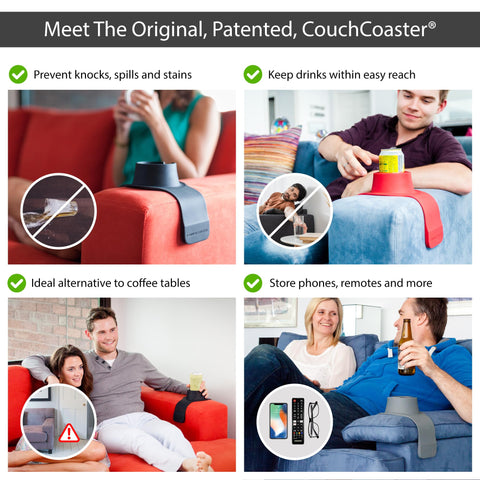 HIT PRODUCTS CouchCoaster armrest attachment shown securing a drink.