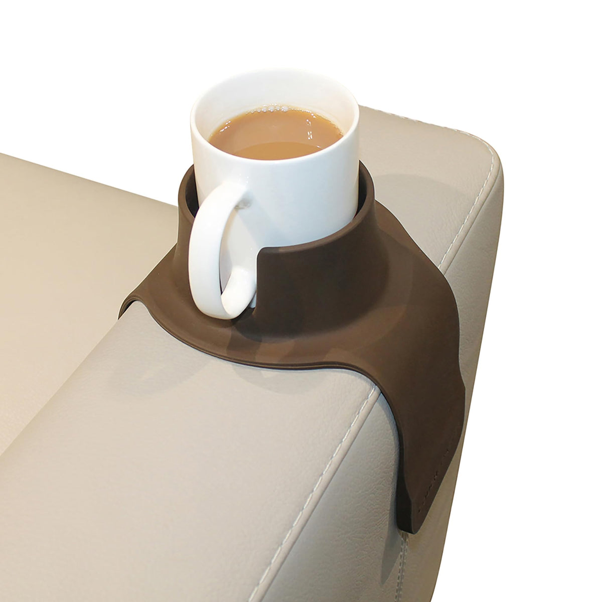 Hit Products CouchCoaster armrest mocha brown prevents spills and keeps drinks within reach.