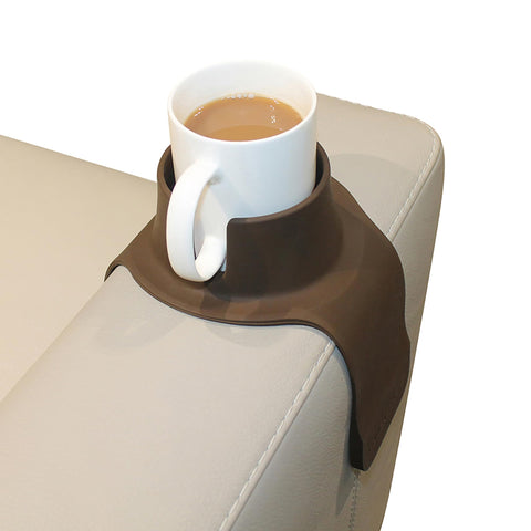 Hit Products CouchCoaster armrest mocha brown prevents spills and keeps drinks within reach.