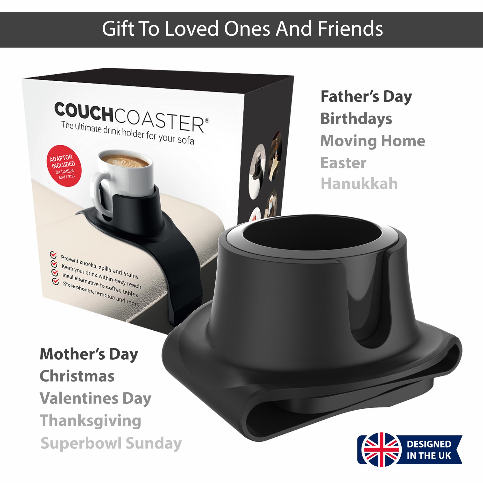 HIT PRODUCTS CouchCoaster mug slot fits a mug handle.