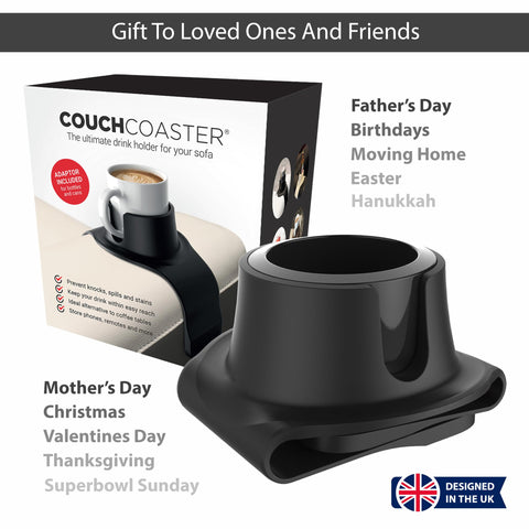 HIT PRODUCTS CouchCoaster mug slot fits a mug handle.