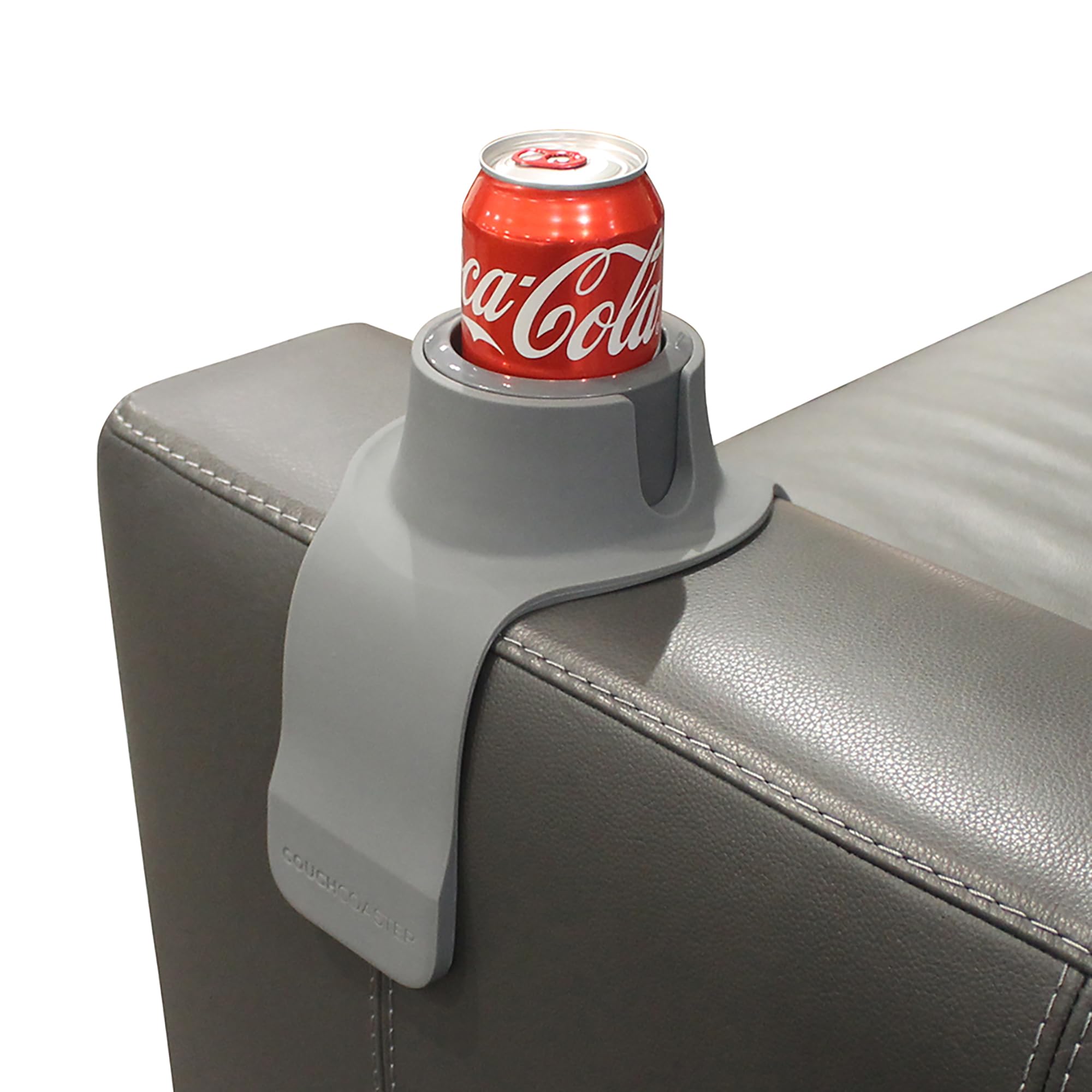 HIT PRODUCTS CouchCoaster armrest-cup-holder sits on sofa, keeping drinks secure.