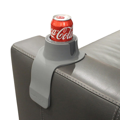 HIT PRODUCTS CouchCoaster armrest-cup-holder sits on sofa, keeping drinks secure.