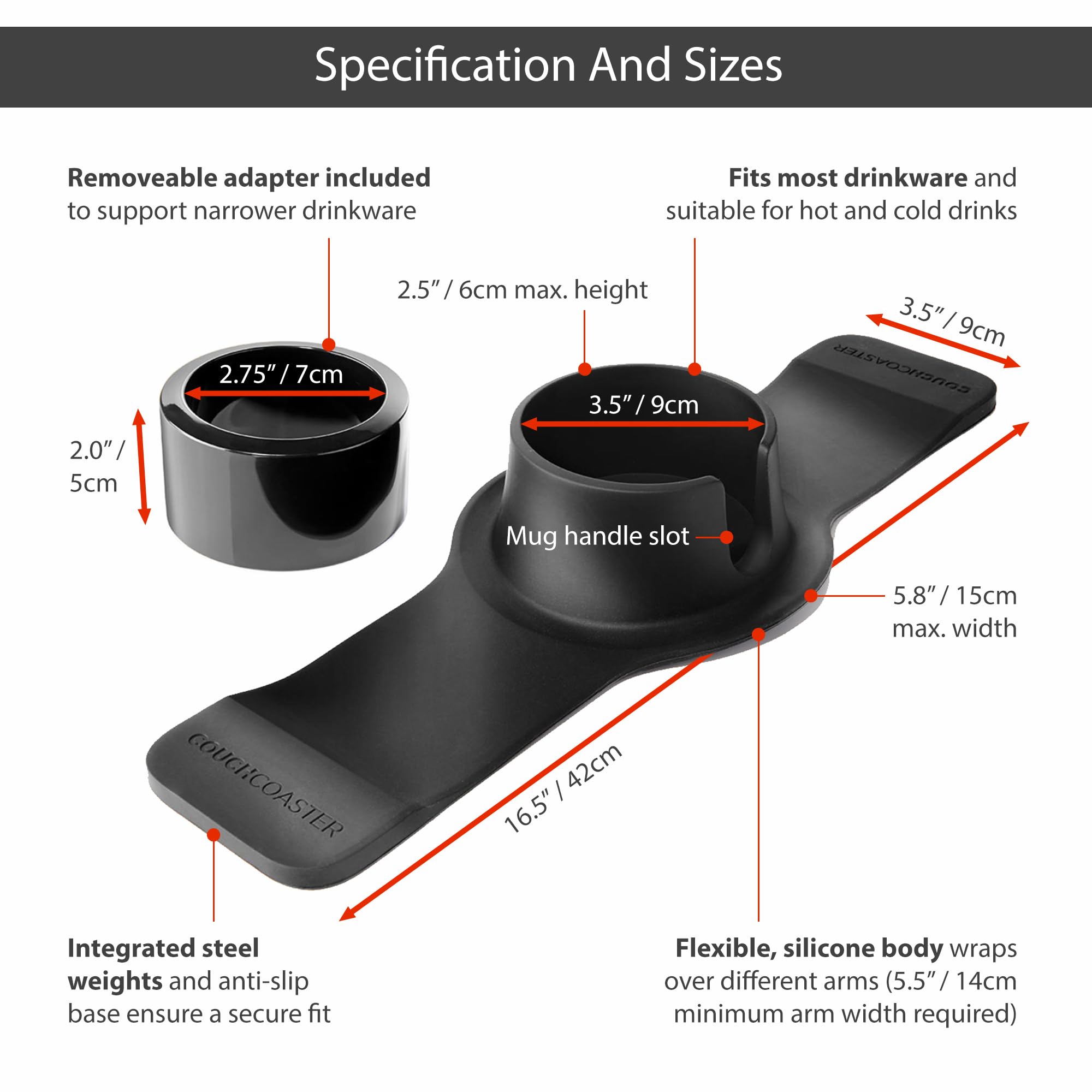 HIT PRODUCTS CouchCoaster wide-compatibility supports most drinkware.