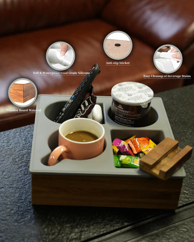 Hitseon couch cup holder tray with removable 360-degree bracket adjusts angles.