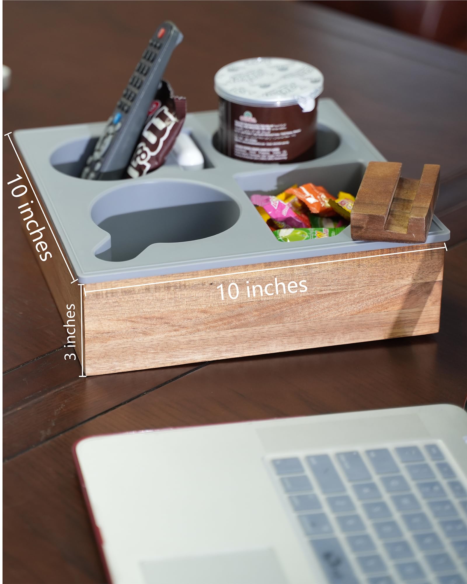 Hitseon couch cup holder tray compact size fits snacks, remotes, and drinks.