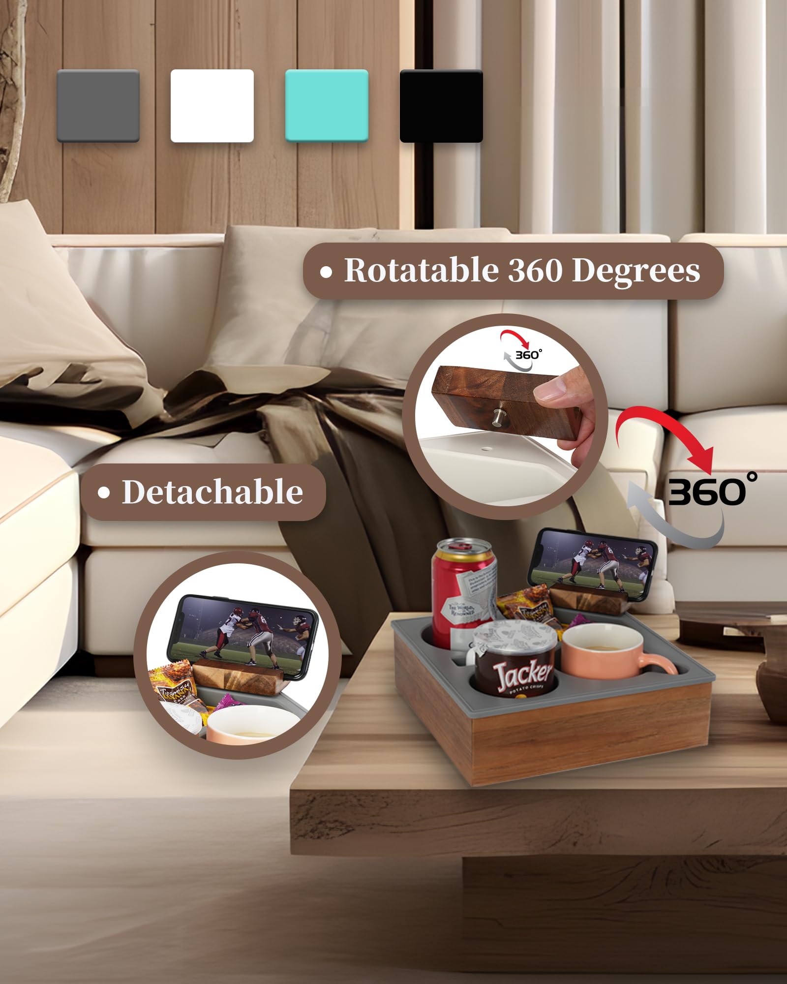Hitseon couch cup holder tray with rotatable bracket enables flexible viewing angles