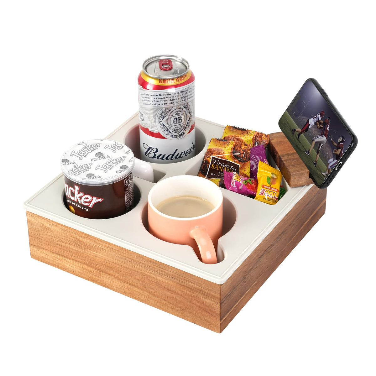 Hitseon couch cup holder tray with soft silicone for spill-resistant beverage support.