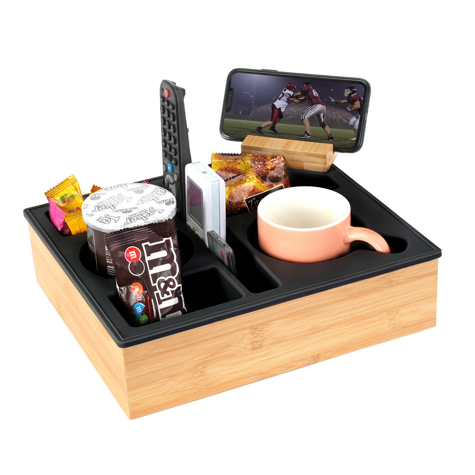 Hitseon couch cup holder tray demonstrates stable base on sofa