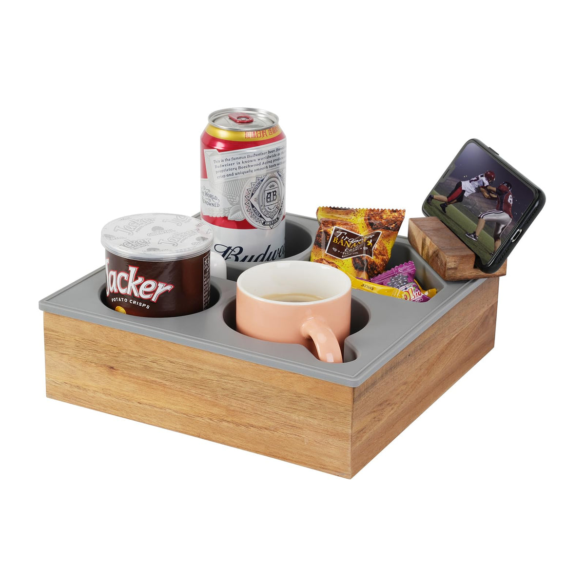 Hitseon couch cup holder tray top view showing compact layout for snacks