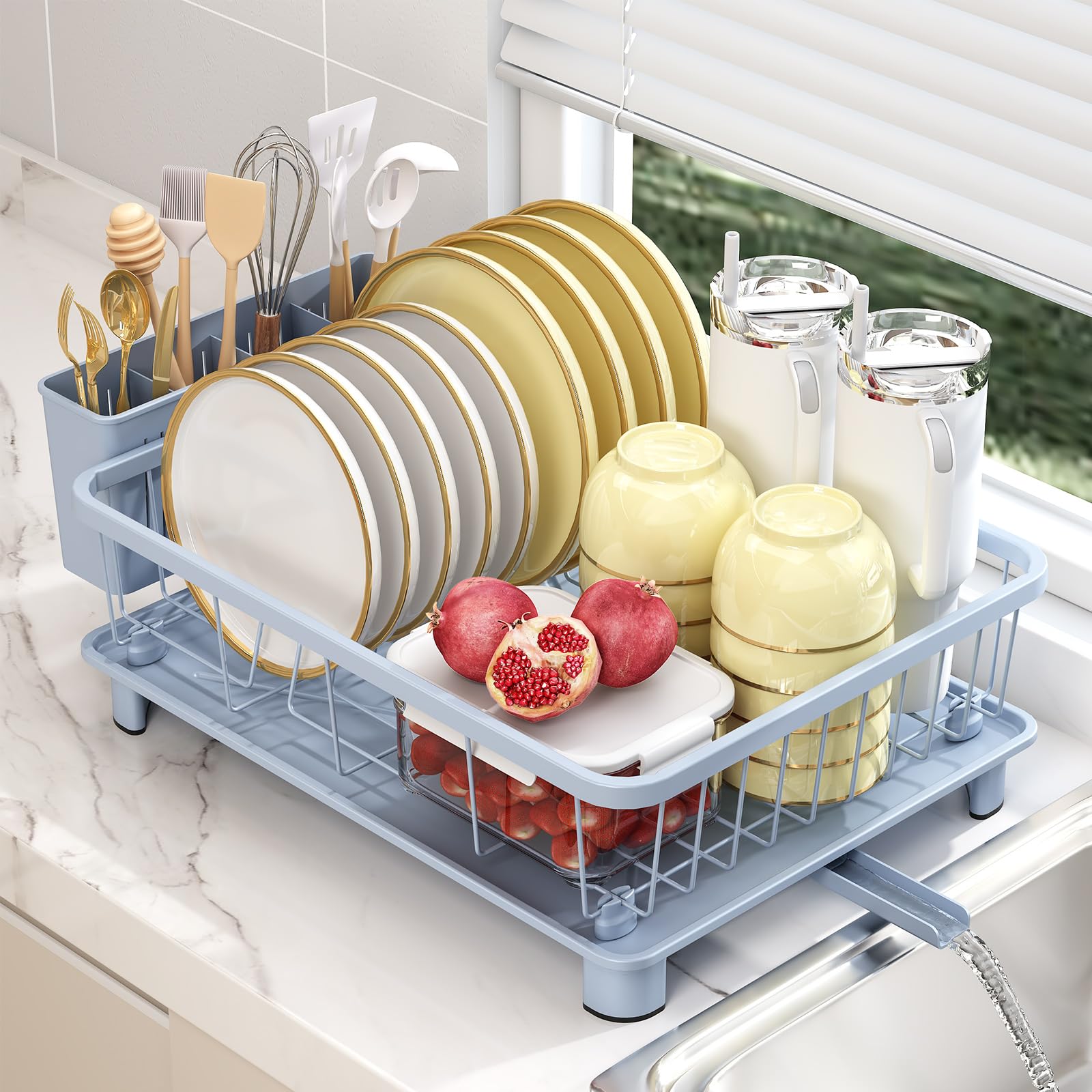 Hiviweer blue dish drying rack front view showcases space-saving counter organization