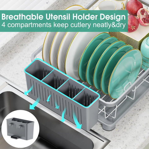Hiviweer dish drying rack with removable four-compartment utensil holder for organized cutlery