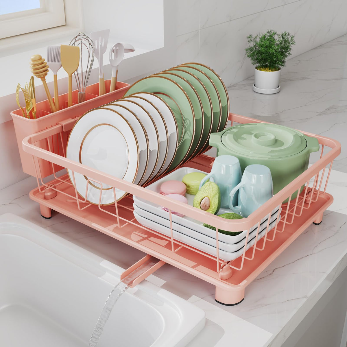 Hiviweer pink dish drying rack front view shows compact footprint and modern color.