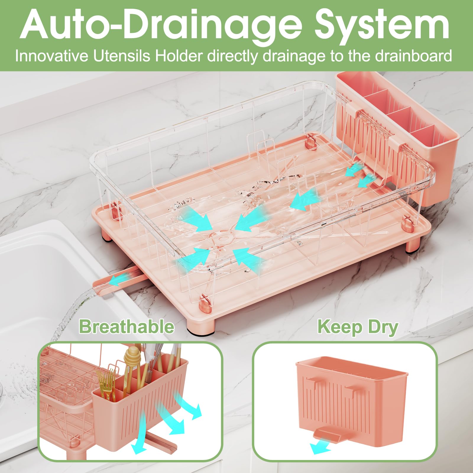 Hiviweer pink dish drying rack on counter keeps dishes organized and counters clear.