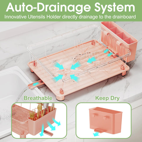 Hiviweer pink dish drying rack on counter keeps dishes organized and counters clear.