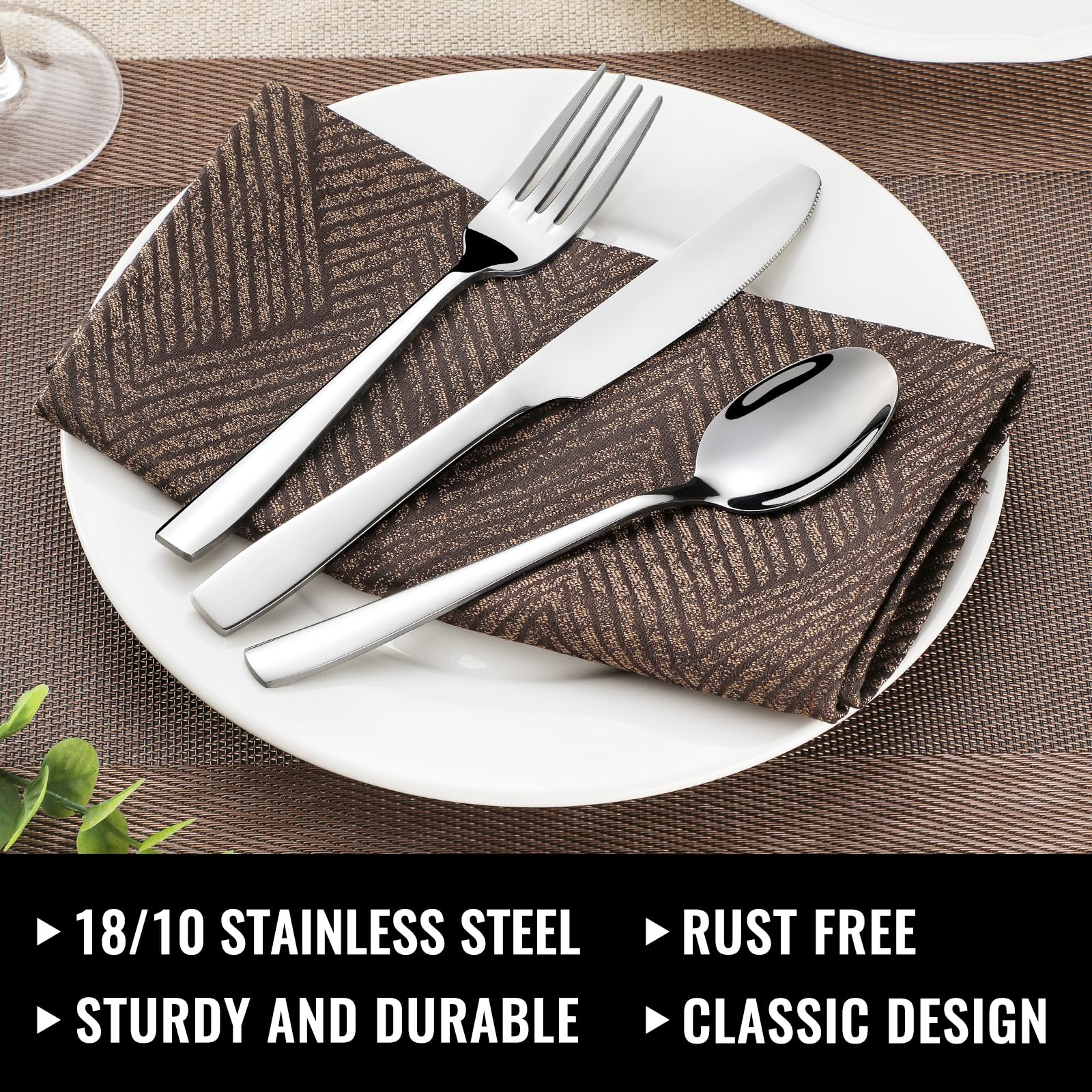 Hiware 18-8 stainless steel flatware with a mirror-polish finish for a timeless look.