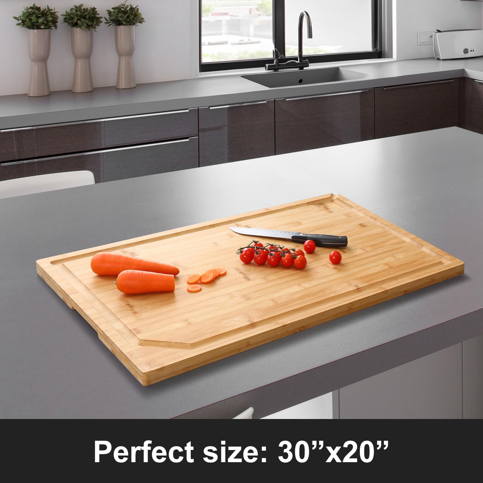 Hiware bamboo cutting board handle closeup showcases built-in grips for easy handling.