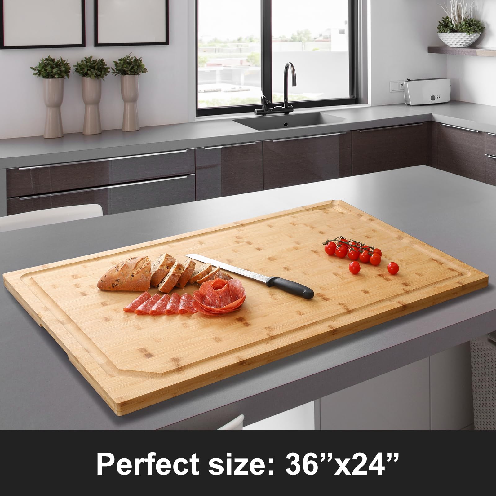 HIWARE bamboo cutting board with juice grooves, keeps countertops clean during prep
