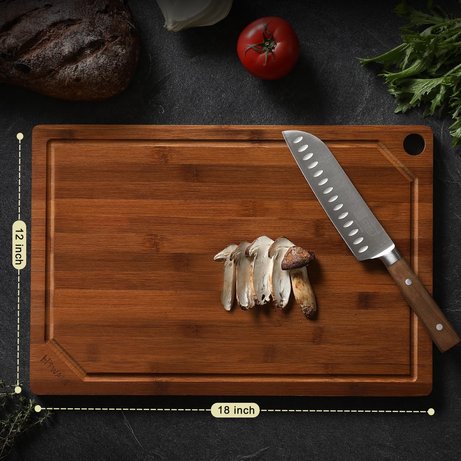 Hiware bamboo cutting board provides a spacious 18-by-12 inch surface for large meals.