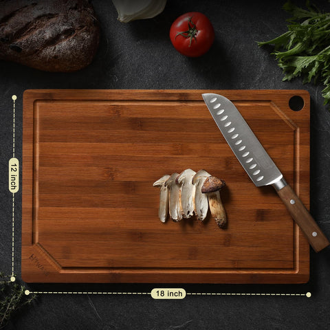 Hiware bamboo cutting board provides a spacious 18-by-12 inch surface for large meals.