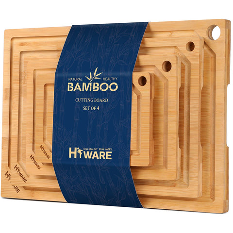 Hiware four-piece bamboo cutting board set overview for organized kitchen prep
