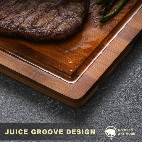 Hiware bamboo board’s deep groove catches juices during meat or produce prep.