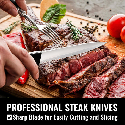 Hiware dinner and steak knives provide durable blades for effortless cutting.
