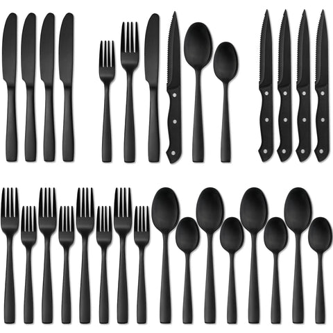 Hiware matte black silverware set with four dinner forks for everyday family meals.