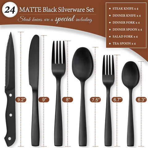 Hiware matte black silverware set with four dinner knives for sleek tableware and versatility.