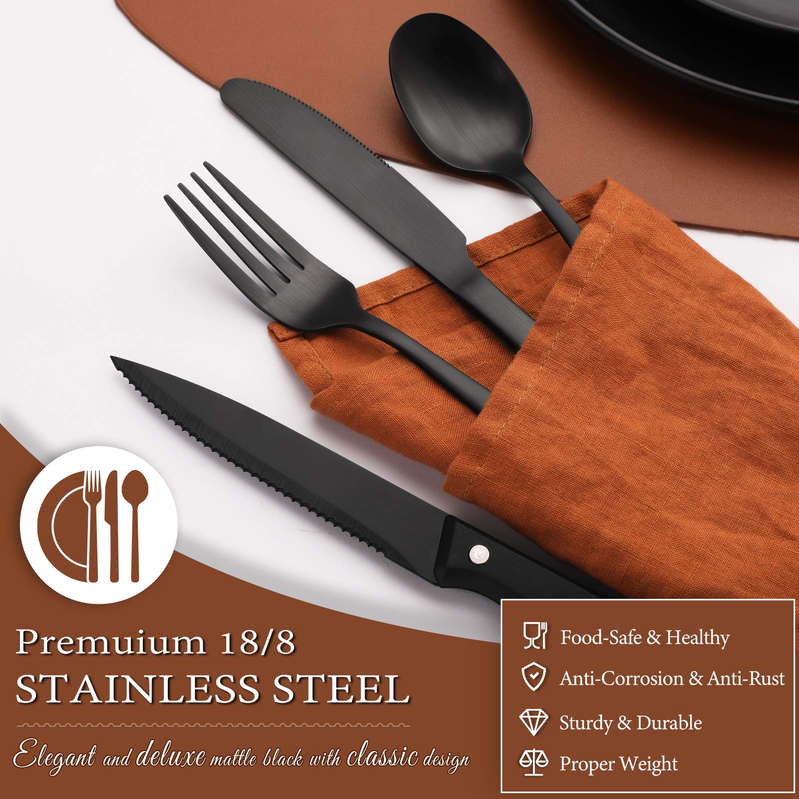 Hiware matte black silverware set with four dinner spoons for durable daily use.