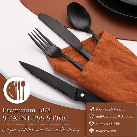 Hiware matte black silverware set with four dinner spoons for durable daily use.