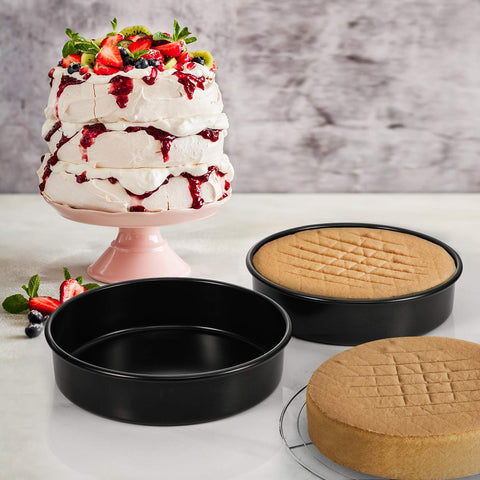 HIWARE straight-sided design helps create level layers for cakes and pies.
