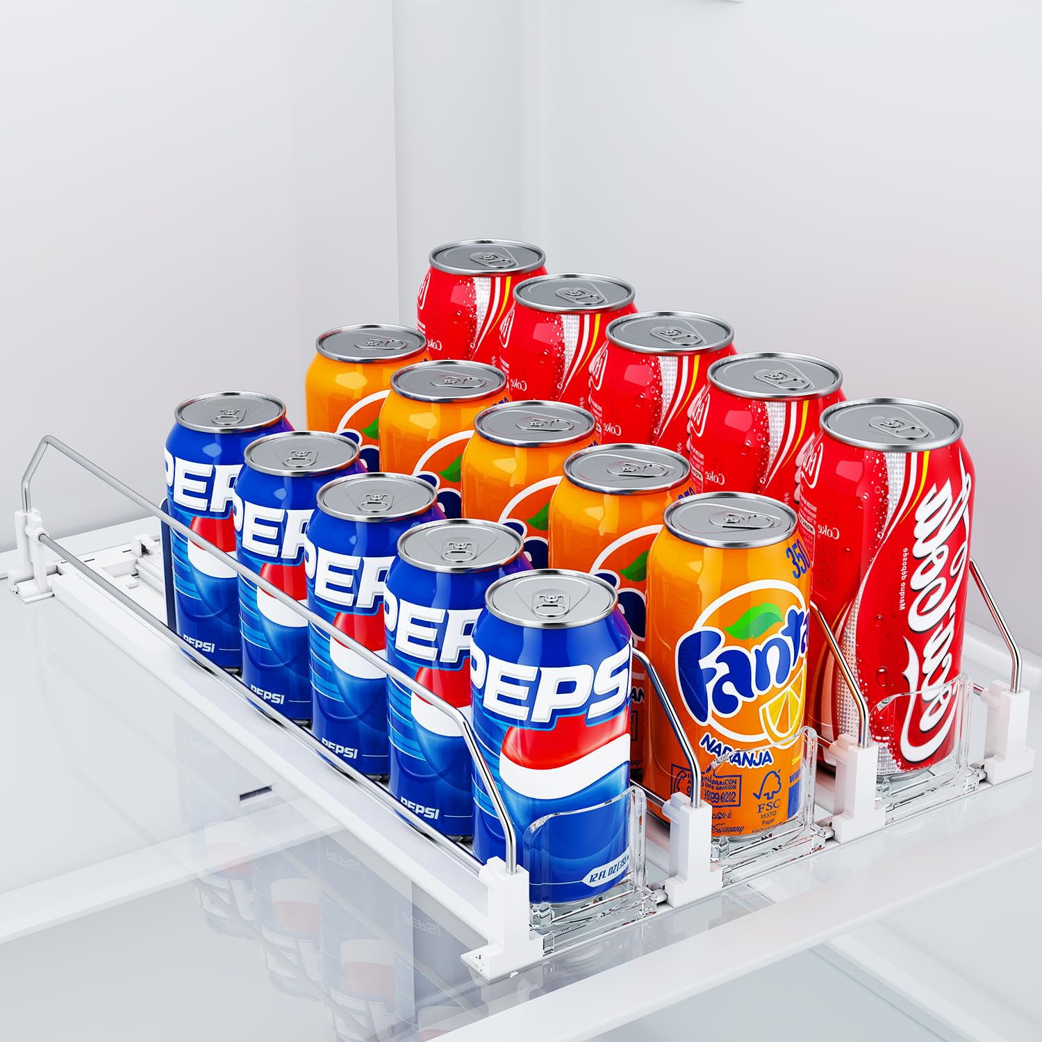 HIYOHIYO 3-Row Auto-Push Drink Organizer front view demonstrates easy access and orderly beverages.