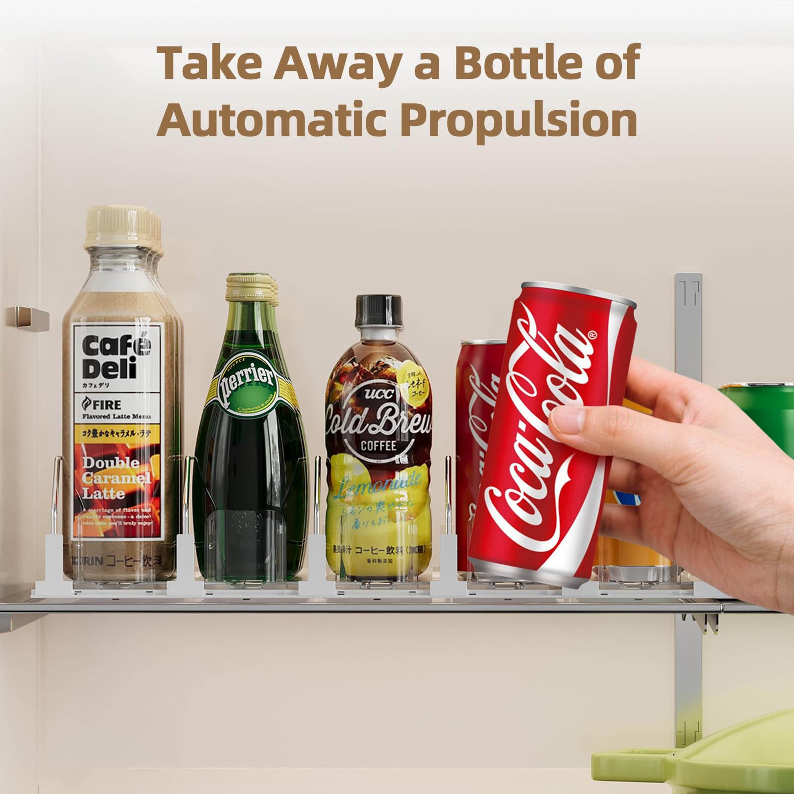 HIYOHIYO 3-Row Auto-Push Drink Organizer side view highlights compact fridge footprint and space efficiency.