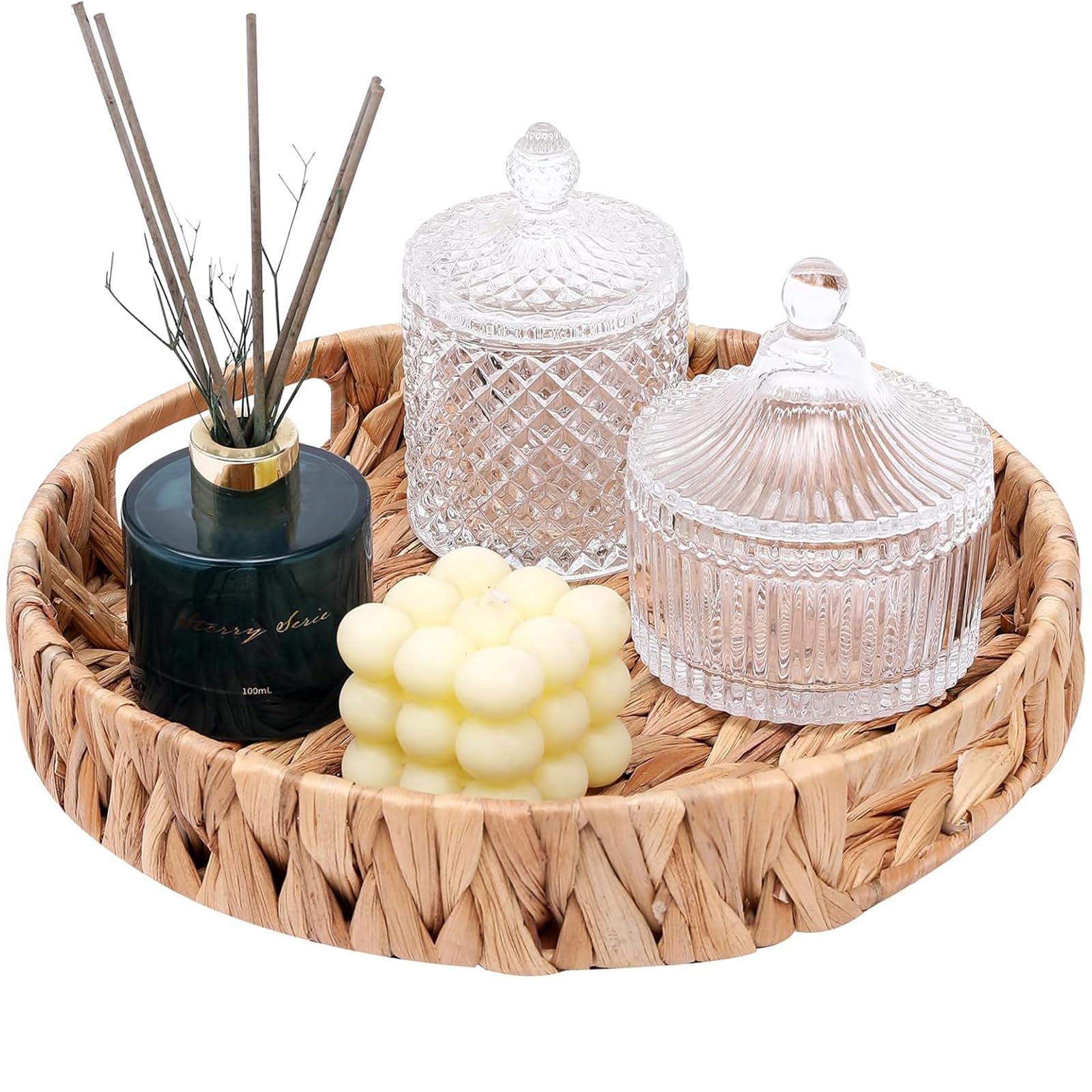 HJAYUXYO woven tray elevates shelf display with natural charm.