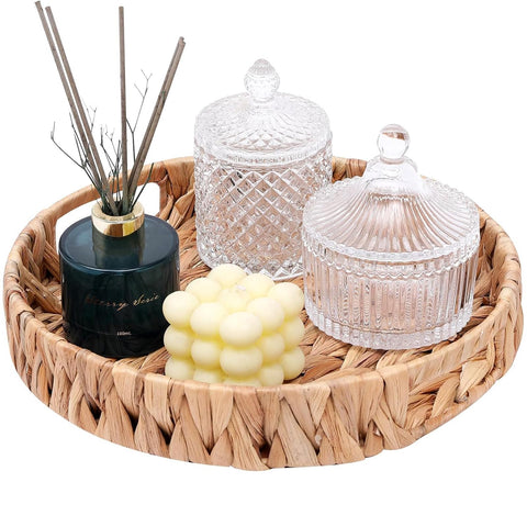 HJAYUXYO woven tray elevates shelf display with natural charm.