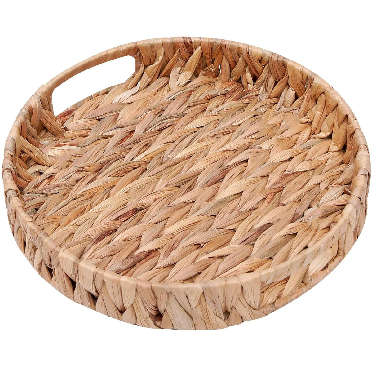 HJAYUXYO round woven tray with handles for easy serving and stylish storage.