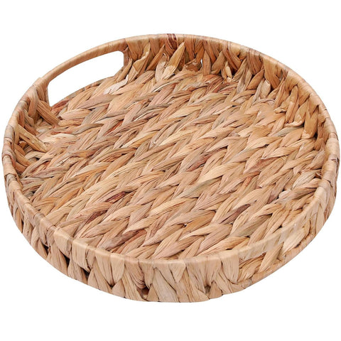HJAYUXYO round woven tray with handles for easy serving and stylish storage.