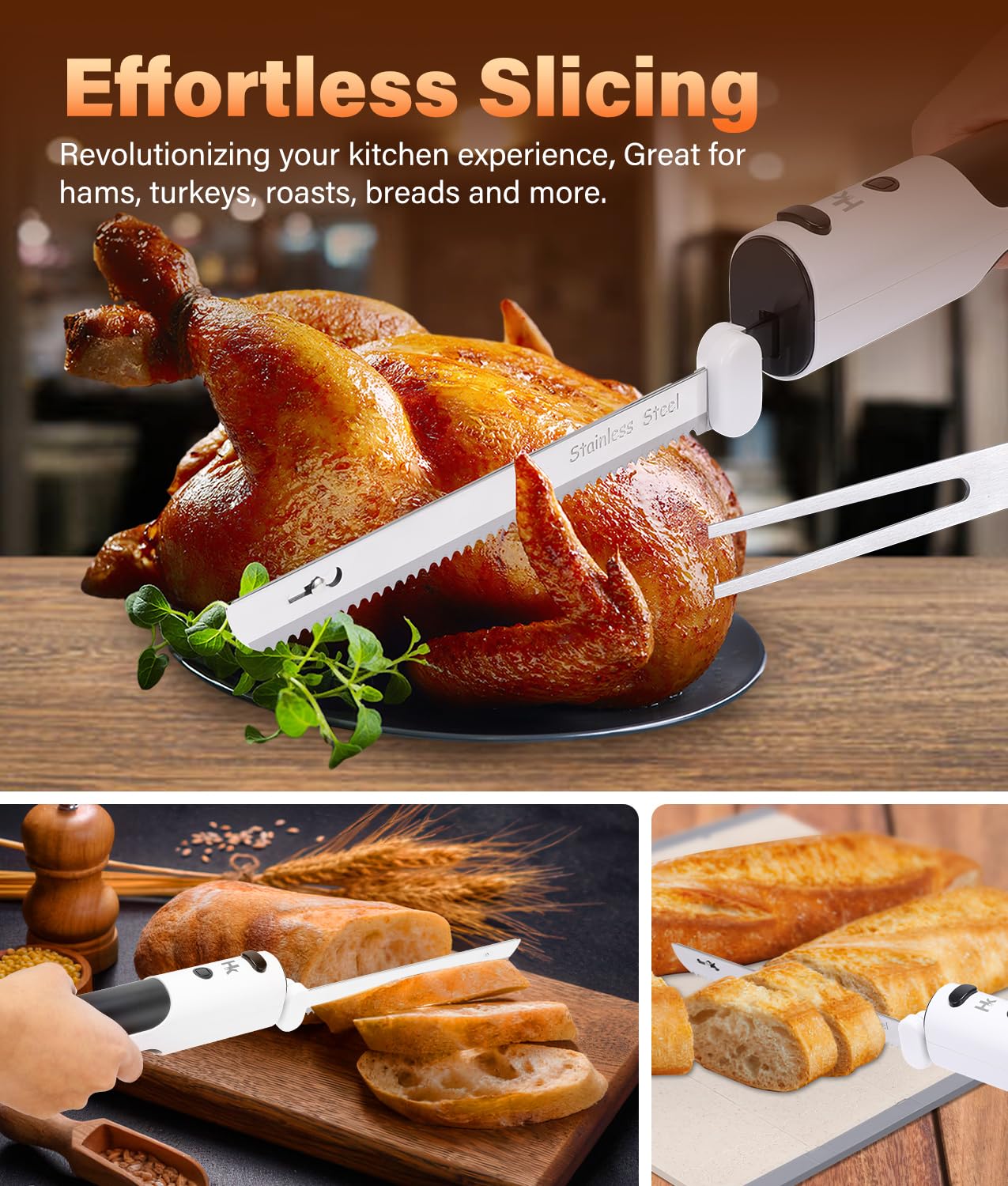 HK cordless electric knife for bread slicing with even, uniform slices.
