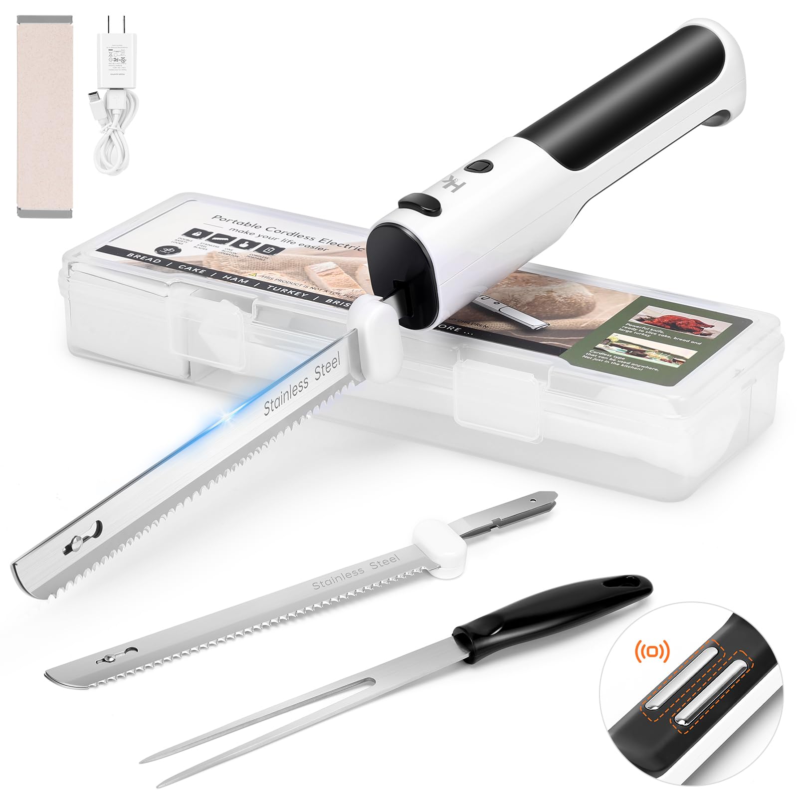 HK cordless electric knife with dual blades for precise slicing of roasts and hams.