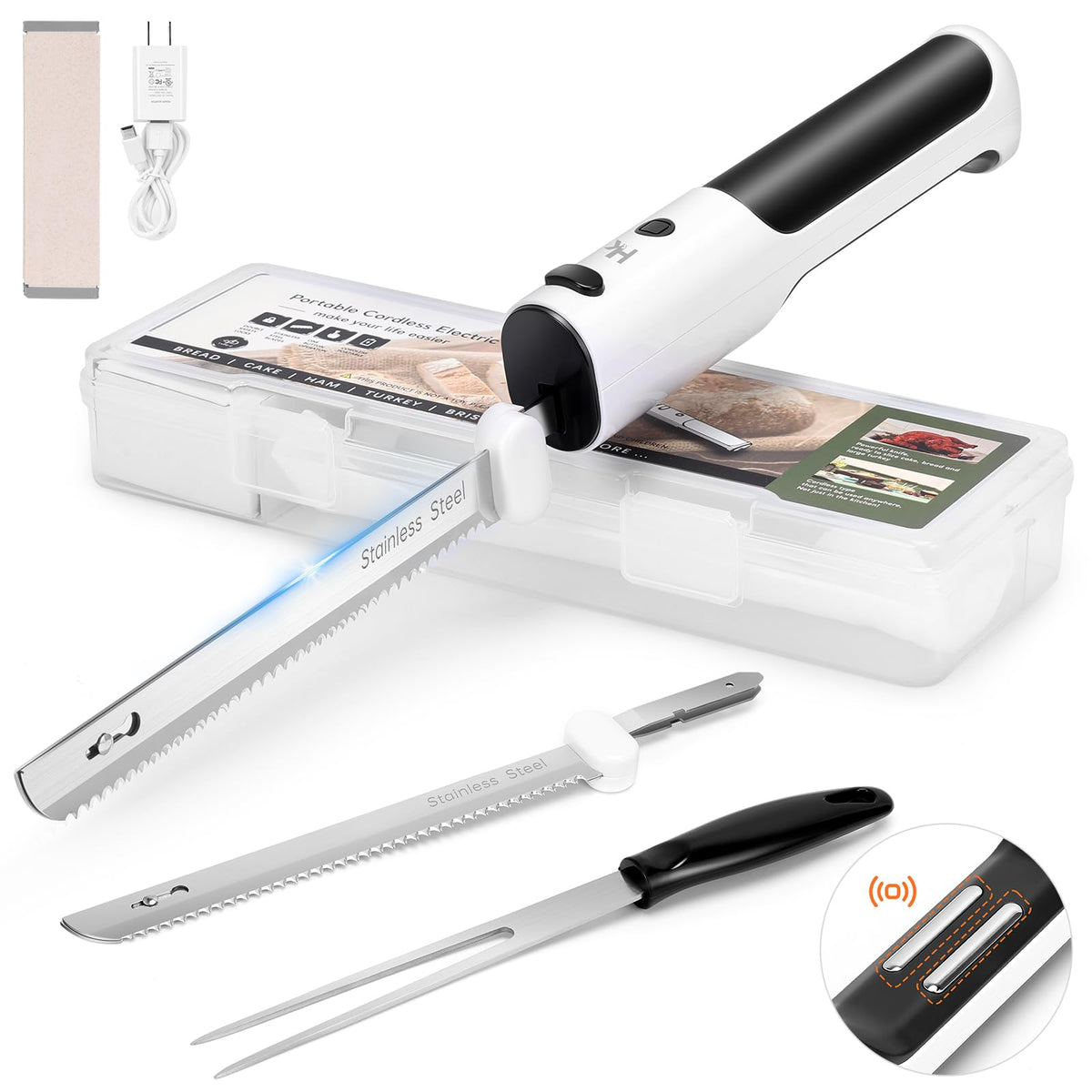 HK cordless electric knife with dual blades for precise slicing of roasts and hams.