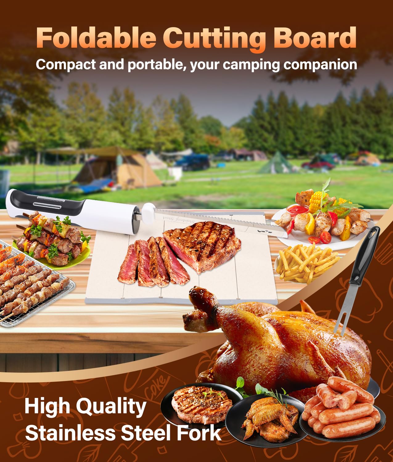 HK cordless electric knife gift kit with fork and foldable cutting board.