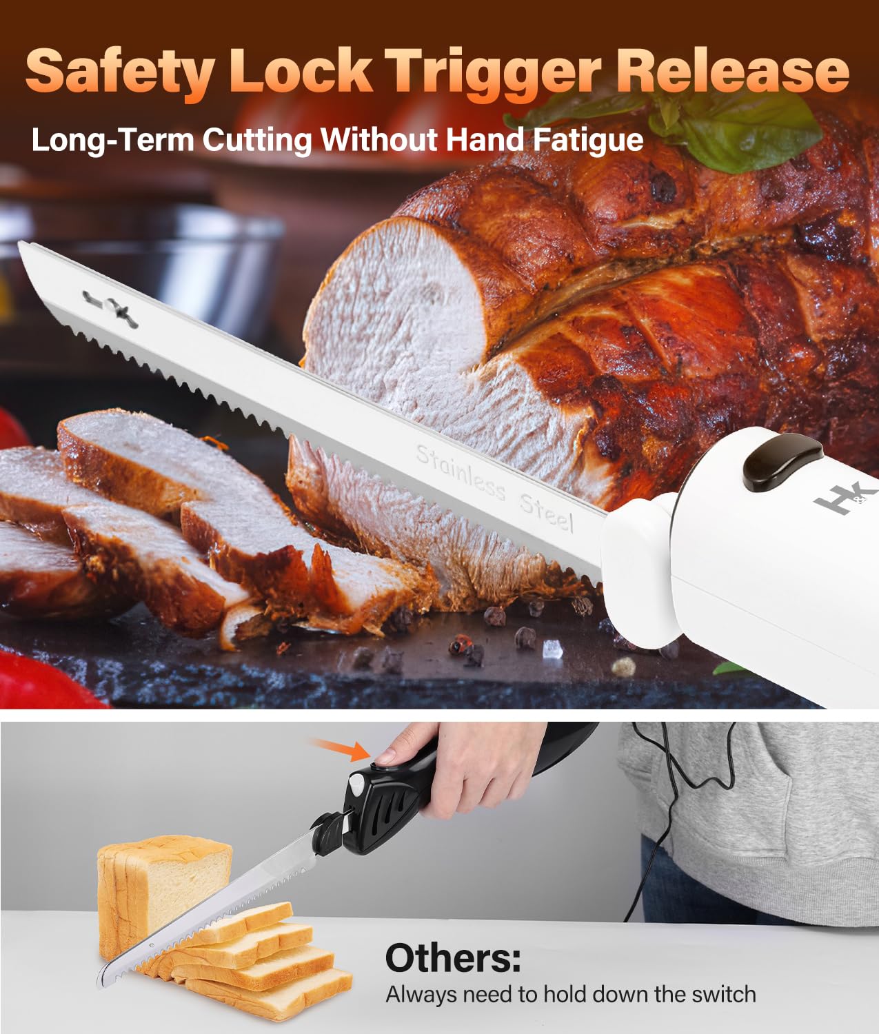 HK cordless electric knife for meat carving and roast preparation.