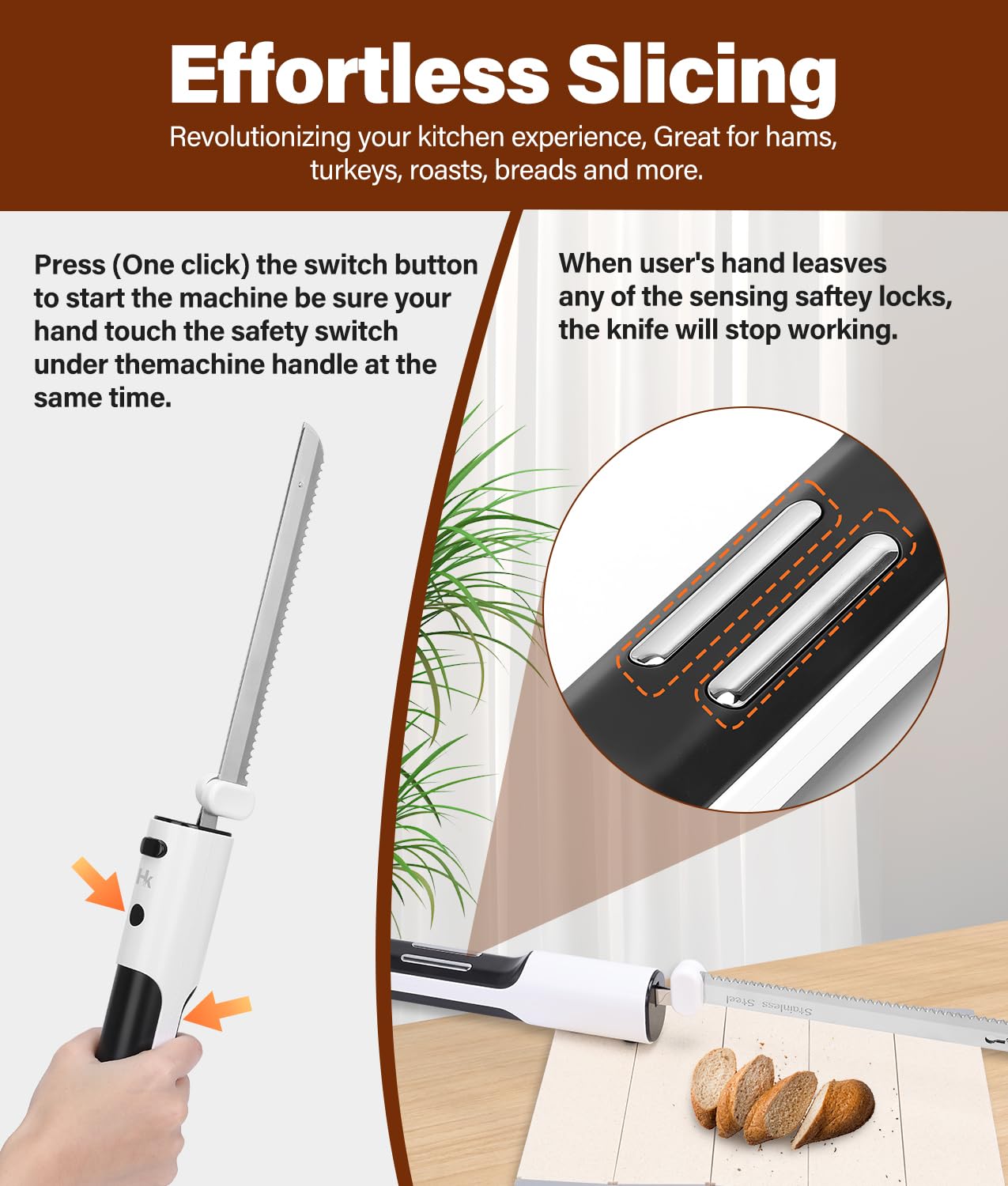 HK cordless electric knife poultry carving with clean, even slices.