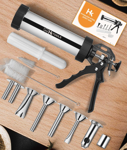 HK jerky gun in-use image promotes home gatherings and DIY jerky making.