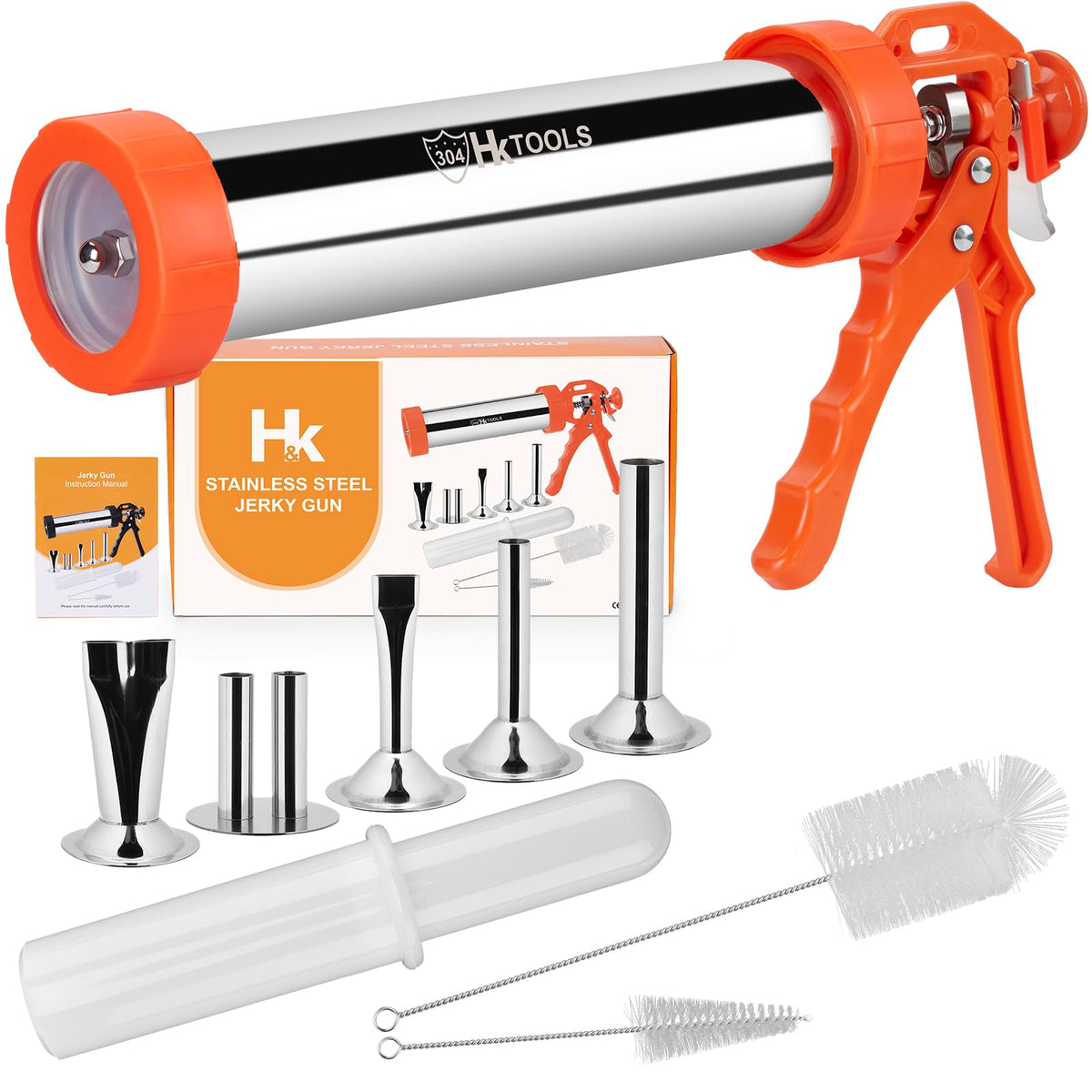 HK Jerky Gun Kit with 5 nozzles for versatile shapes and faster prep.