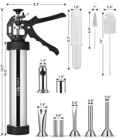 HK jerky gun nozzle set shows six stainless nozzles for diverse shapes.