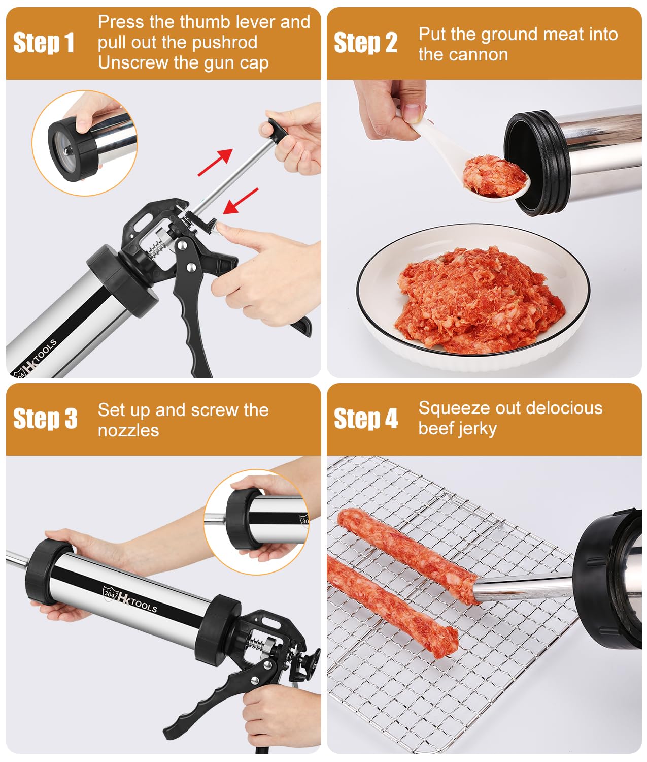 HK jerky gun stomper tool demonstrates tighter meat packing for larger batches.