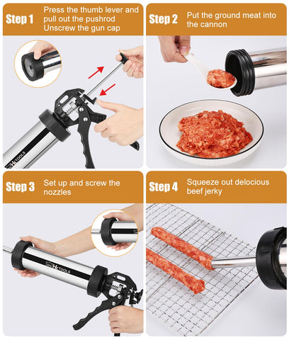 HK jerky gun stomper tool demonstrates tighter meat packing for larger batches.