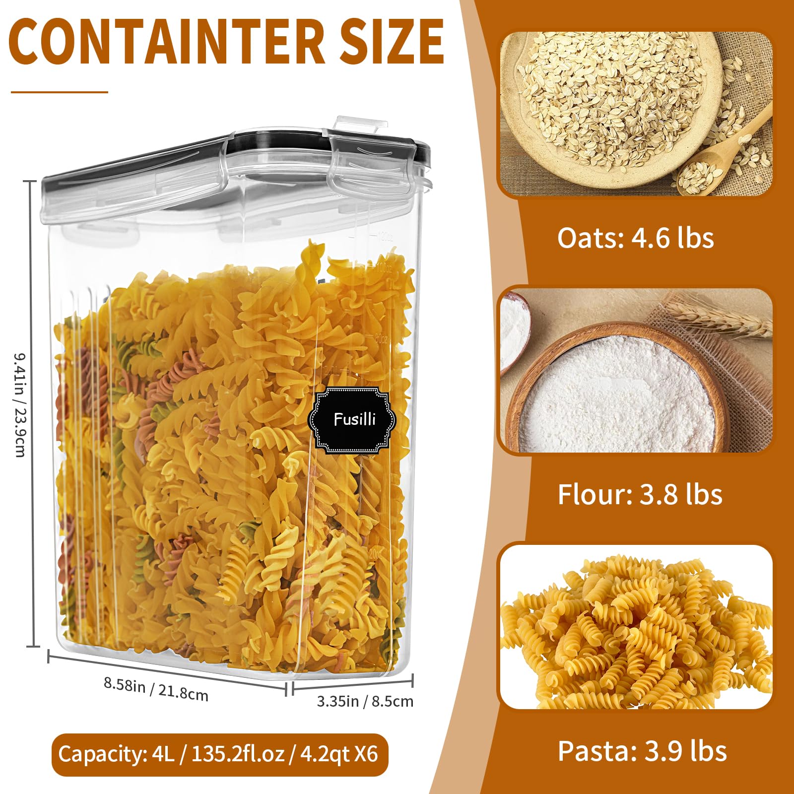 HKJ Chef cereal container set of six for organized kitchen storage.